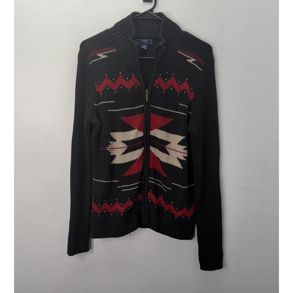 Chaps Ralph Lauren Women's Knit Jacket Southwestern Tribal Boho Native SZ L Zip